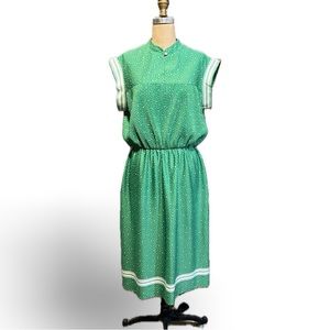 VINTAGE 70s grass green white polka dot sleeveless midi‎ dress hippie boho MOD